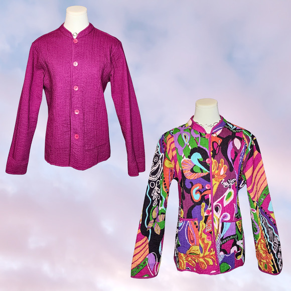 Vintage Jackets & Blazers - Vtg Handmade Reversible Quilted Funky Retro Purple Colorful Abstract Jacket Sz S